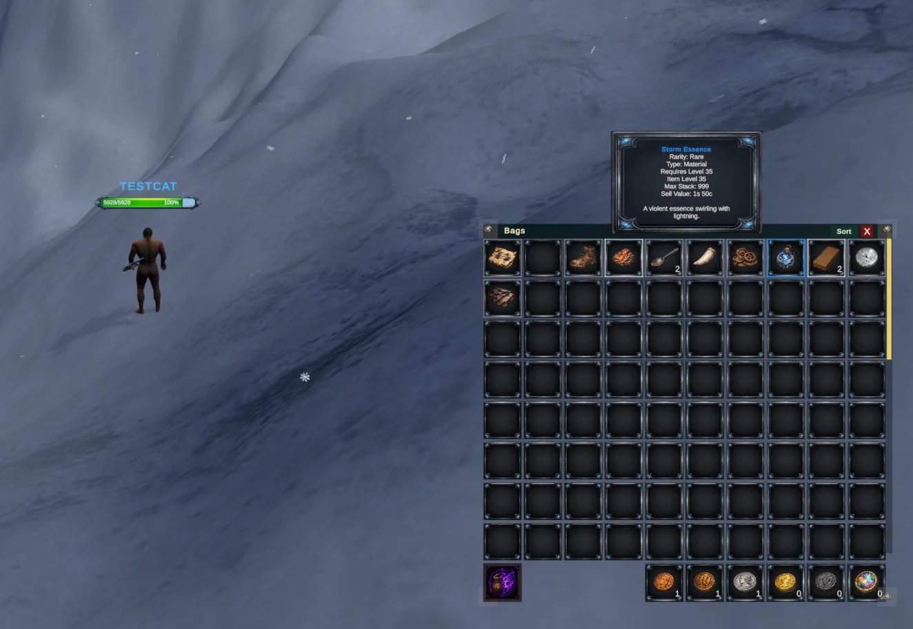 Nethryon's inventory showing crafting materials, currencies, and a rare Storm Essence